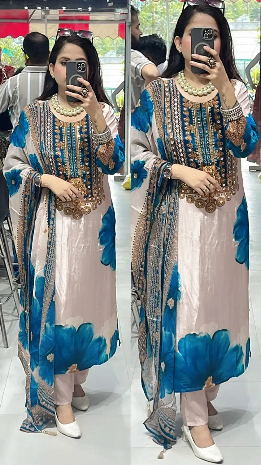 Heera blue crepe suit set